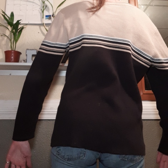 Vintage black, tan, white striped sweater. - Picture 3 of 6